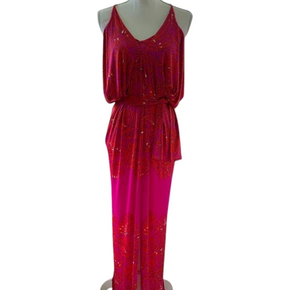 Analili Pink Abstract Print Draped Halter Racer Back Maxi Dress